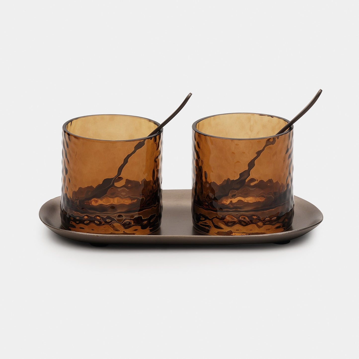 Set of 2 Amber Hammered Condiment Jars with Tray - Small