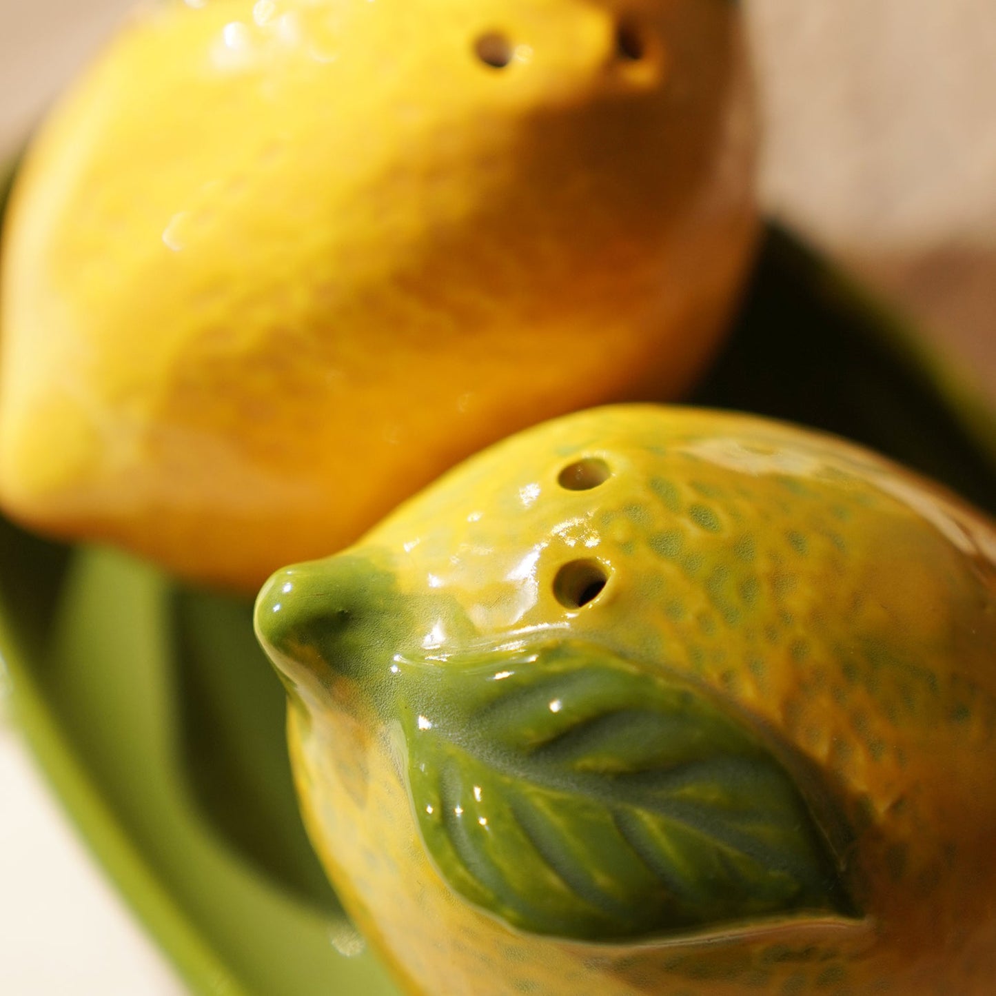 Set of 2 Green Yellow Lemon Ceramic Salt & Pepper Shakers
