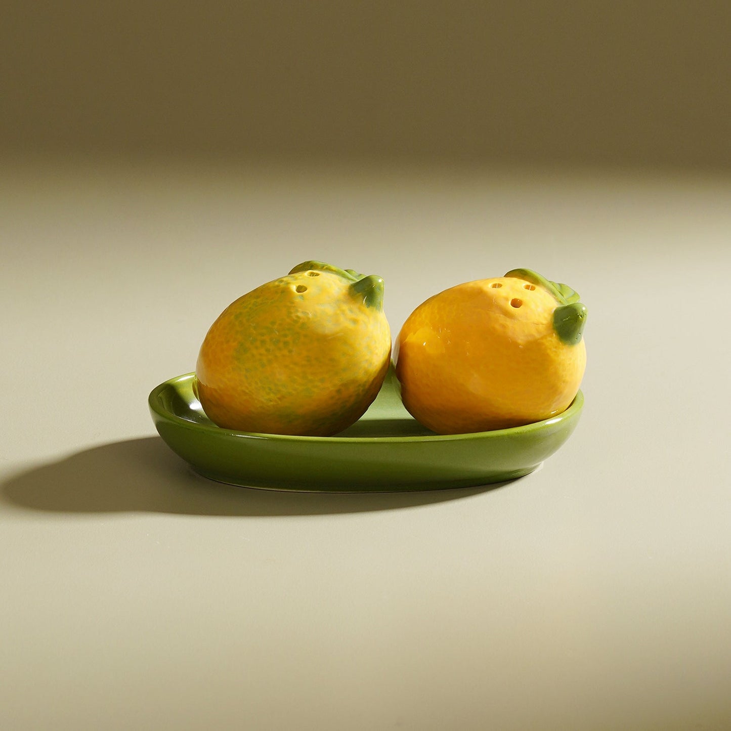 Set of 2 Green Yellow Lemon Ceramic Salt & Pepper Shakers