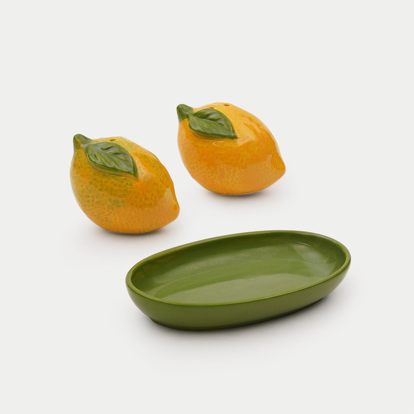 Set of 2 Green Yellow Lemon Ceramic Salt & Pepper Shakers