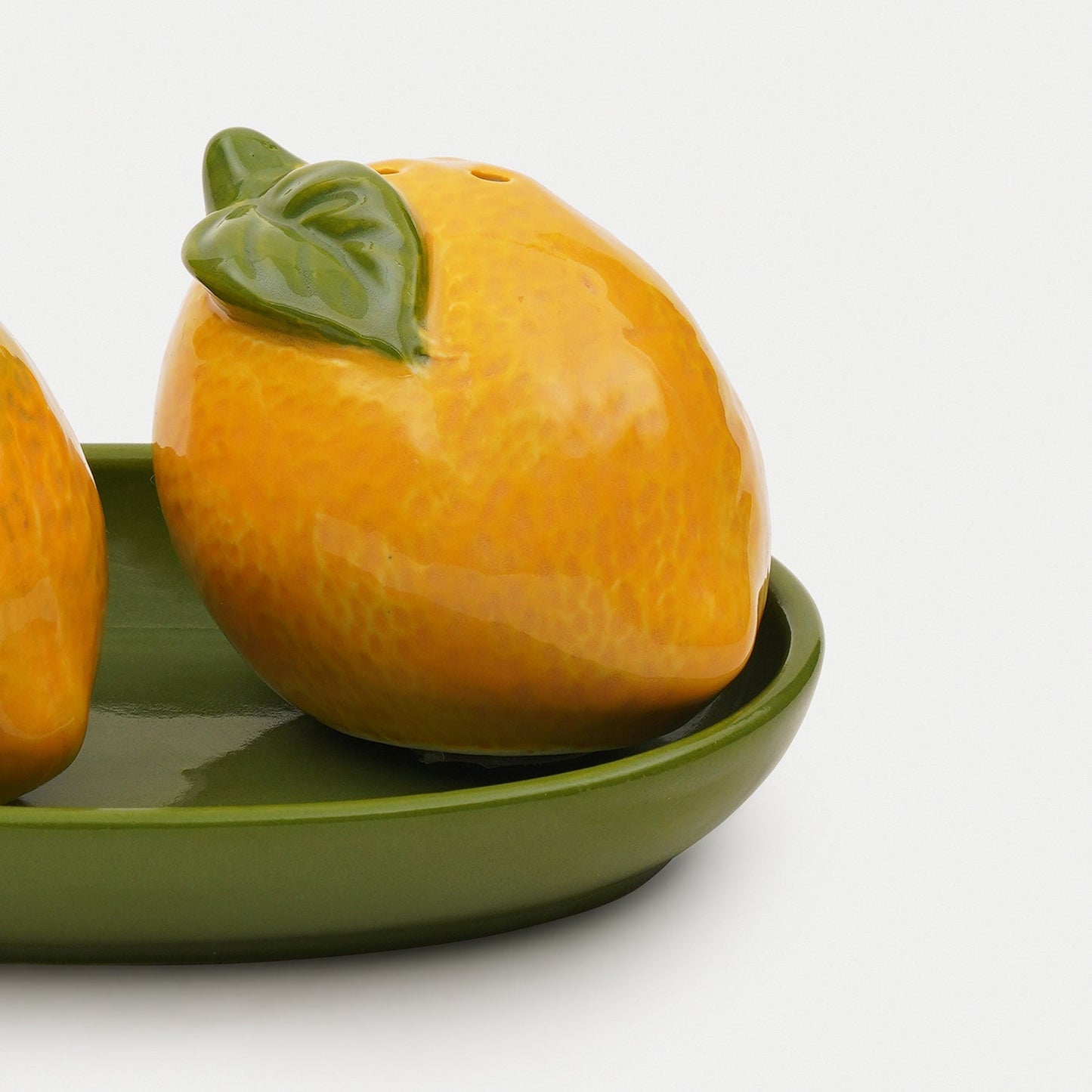 Set of 2 Green Yellow Lemon Ceramic Salt & Pepper Shakers