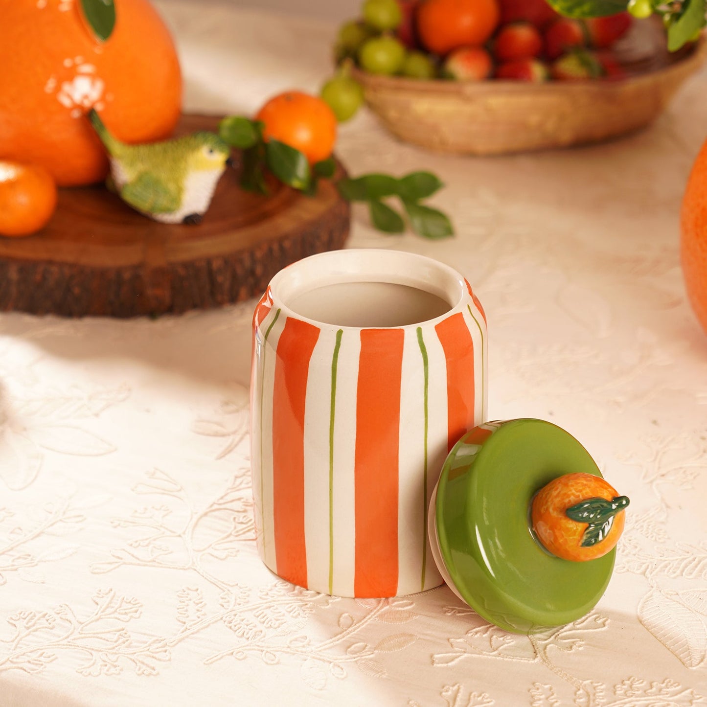 Orange Striped Decorative Ceramic Container