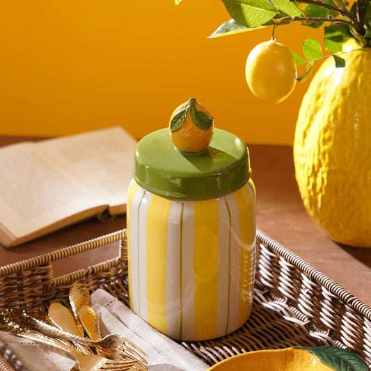 Yellow Lemon Striped Decorative Ceramic Container