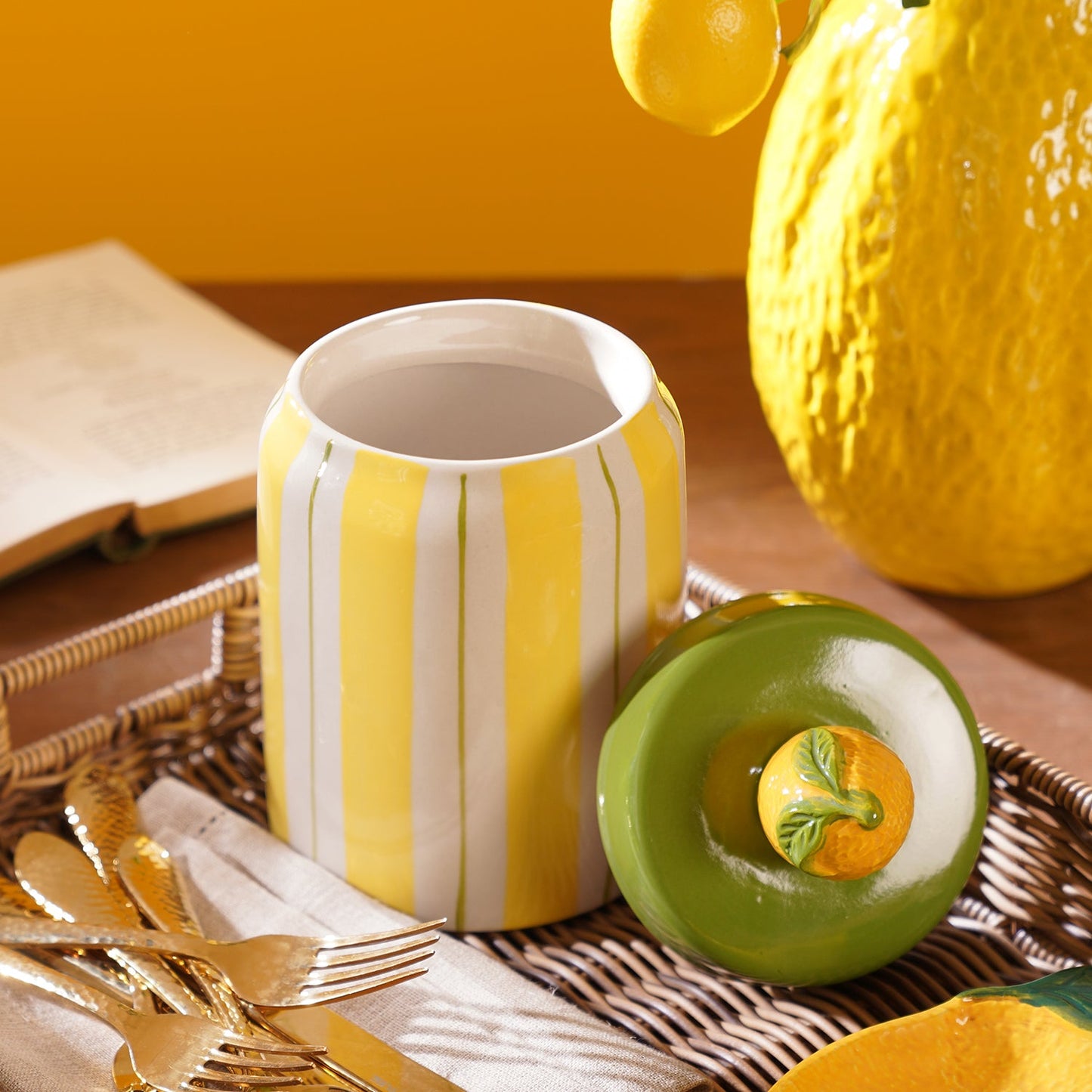 Yellow Lemon Striped Decorative Ceramic Container