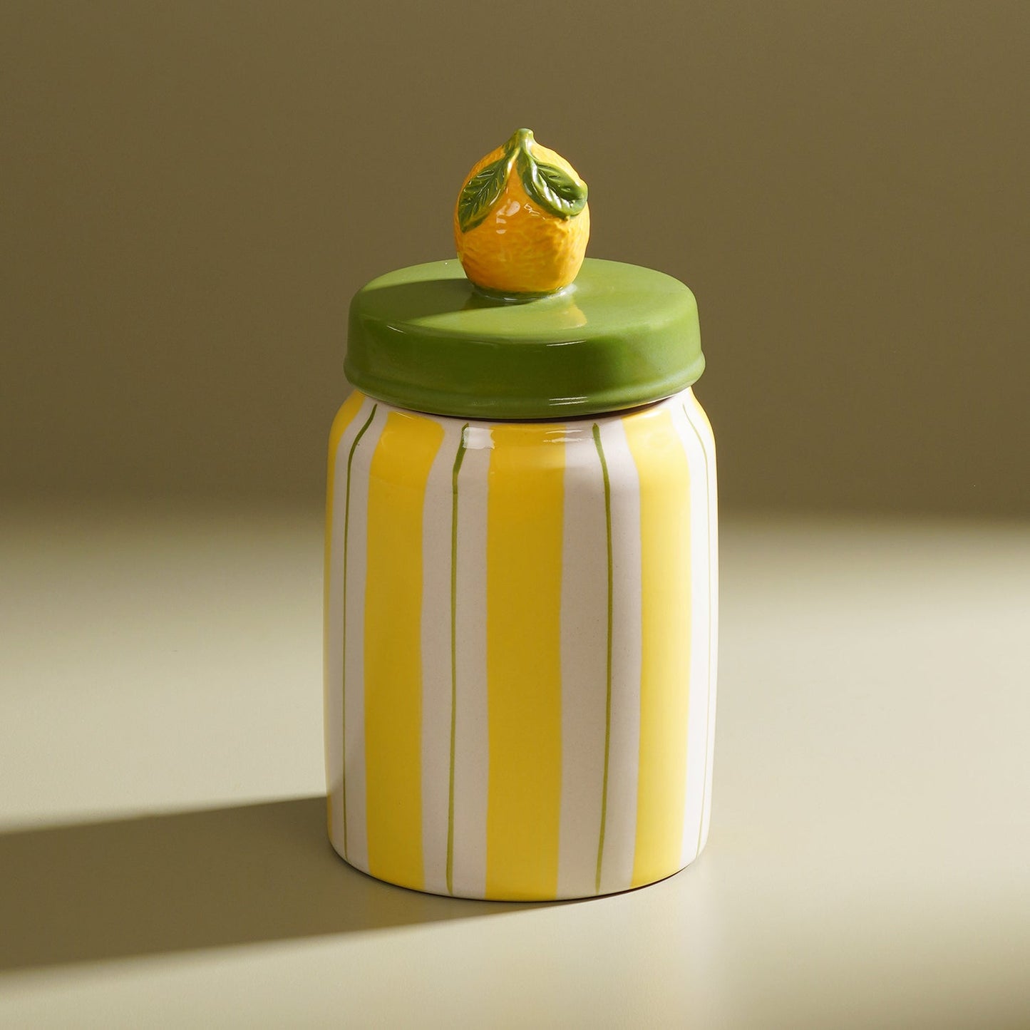 Yellow Lemon Striped Decorative Ceramic Container