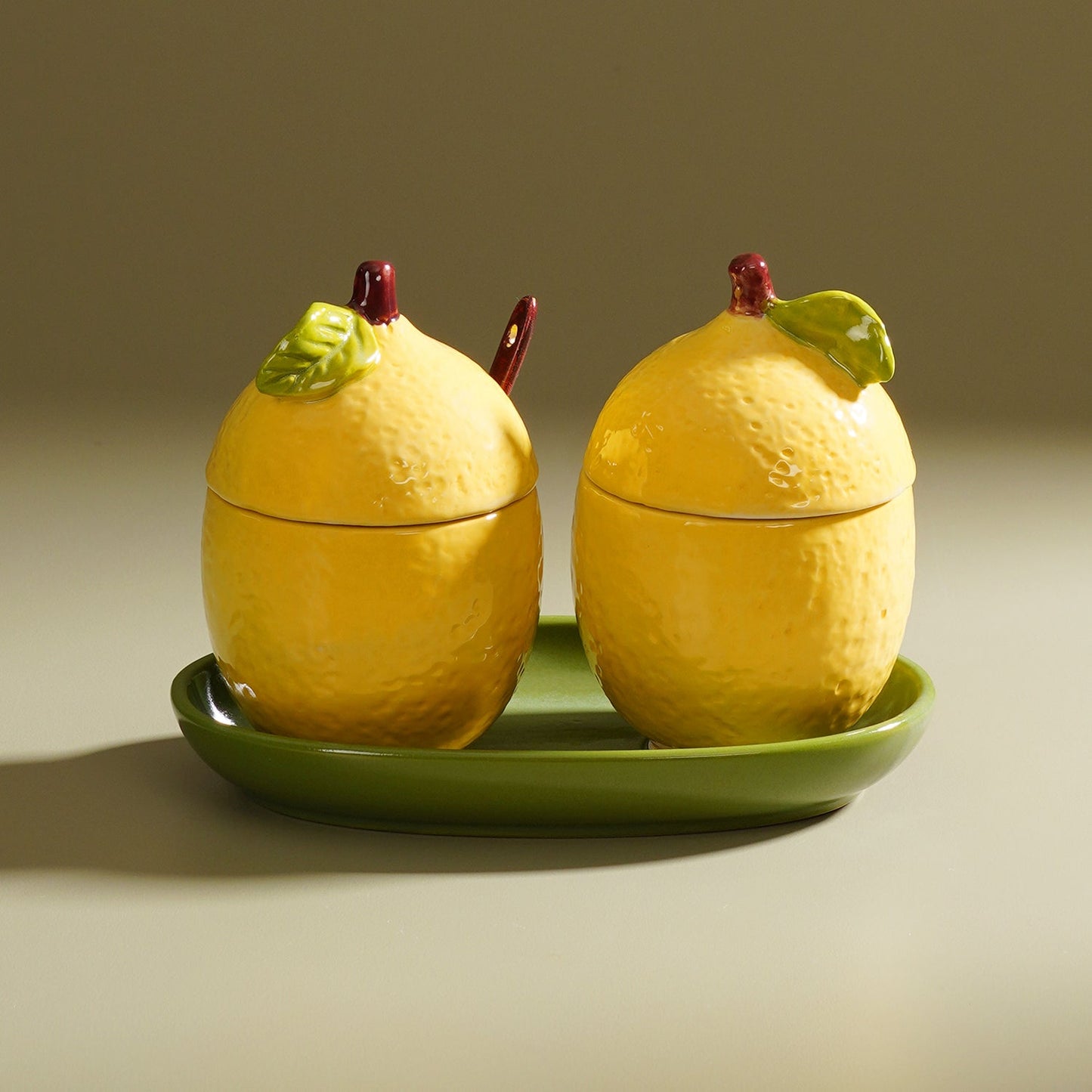 Set of 2 Yellow Ceramic Lemon Condiment Jars with Spoons & Tray