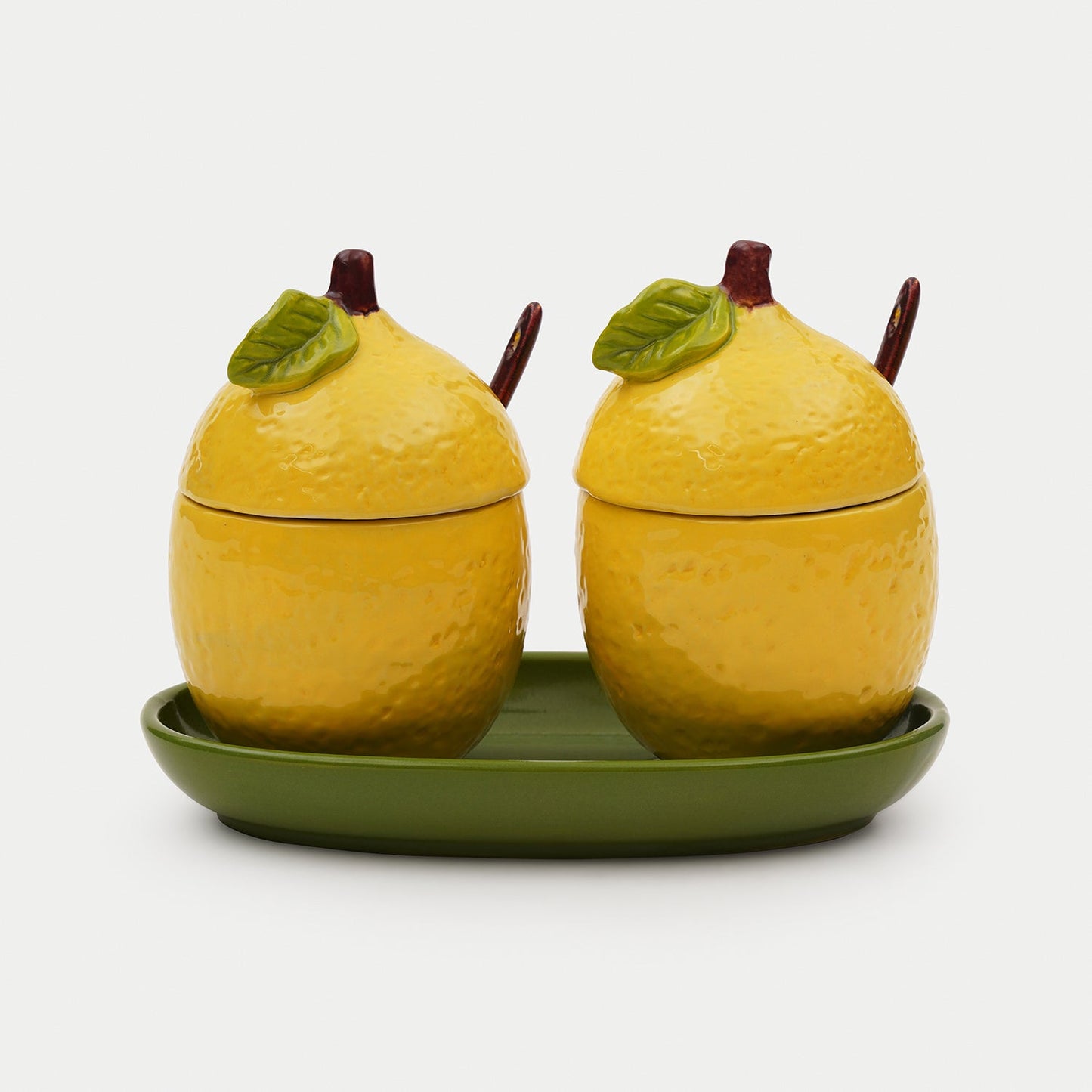 Set of 2 Yellow Ceramic Lemon Condiment Jars with Spoons & Tray