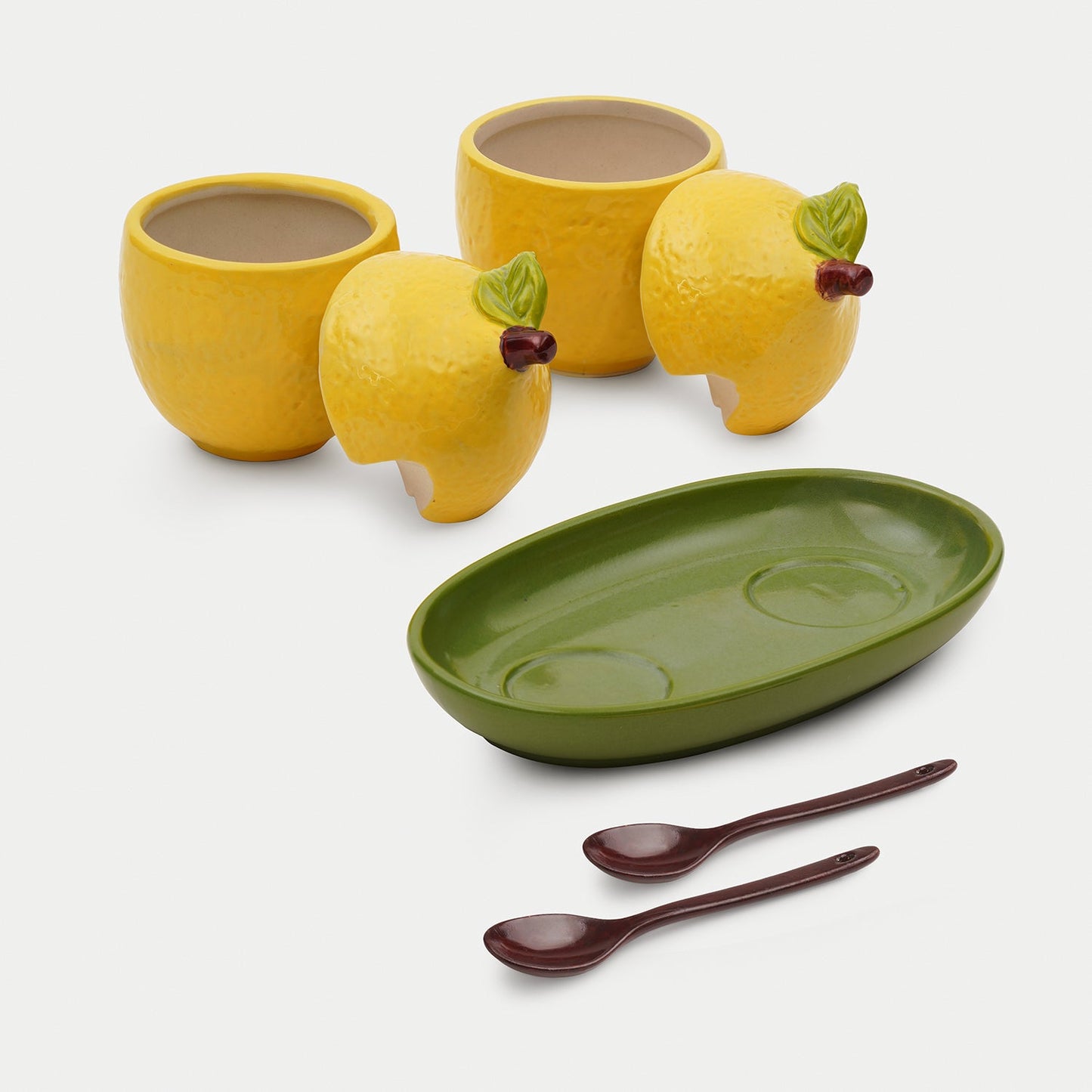 Set of 2 Yellow Ceramic Lemon Condiment Jars with Spoons & Tray
