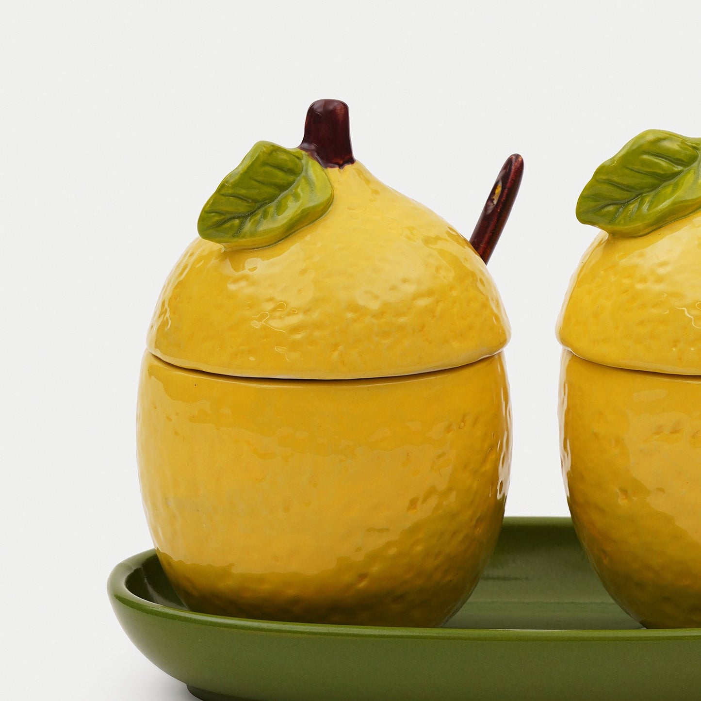 Set of 2 Yellow Ceramic Lemon Condiment Jars with Spoons & Tray