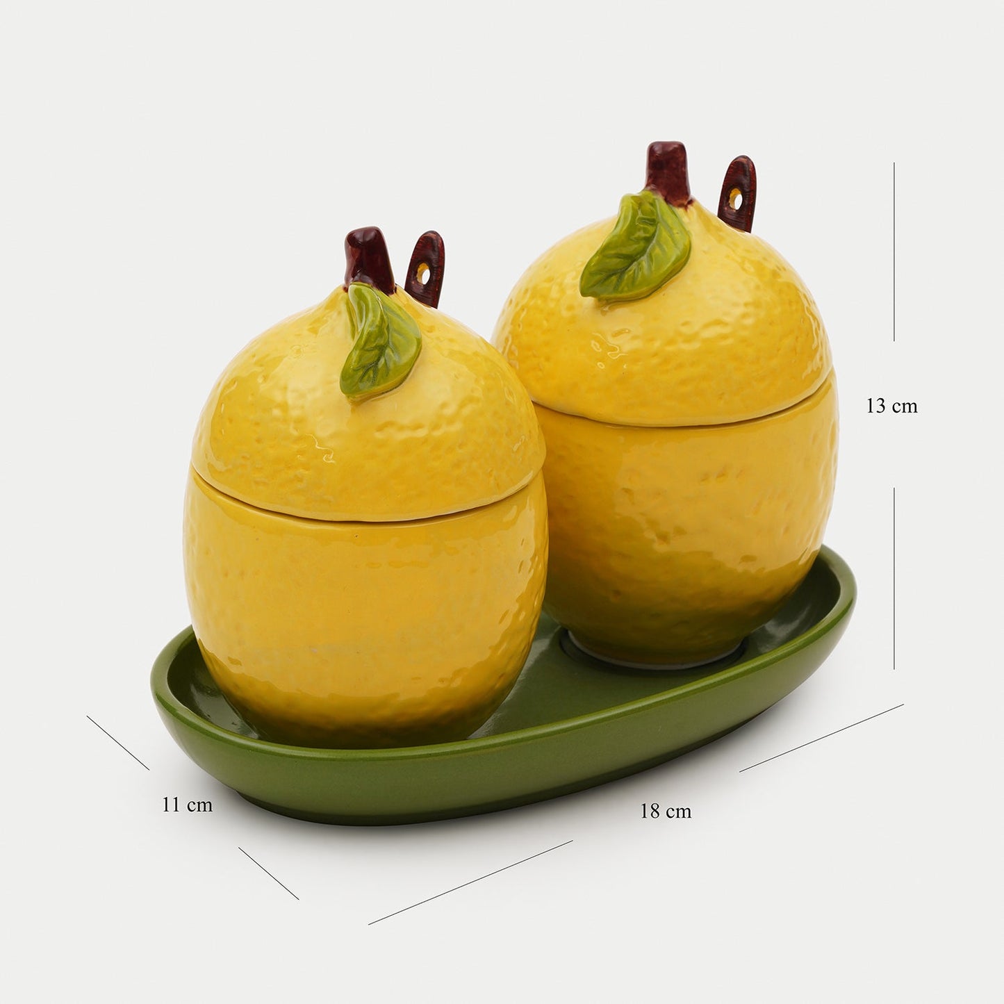 Set of 2 Yellow Ceramic Lemon Condiment Jars with Spoons & Tray