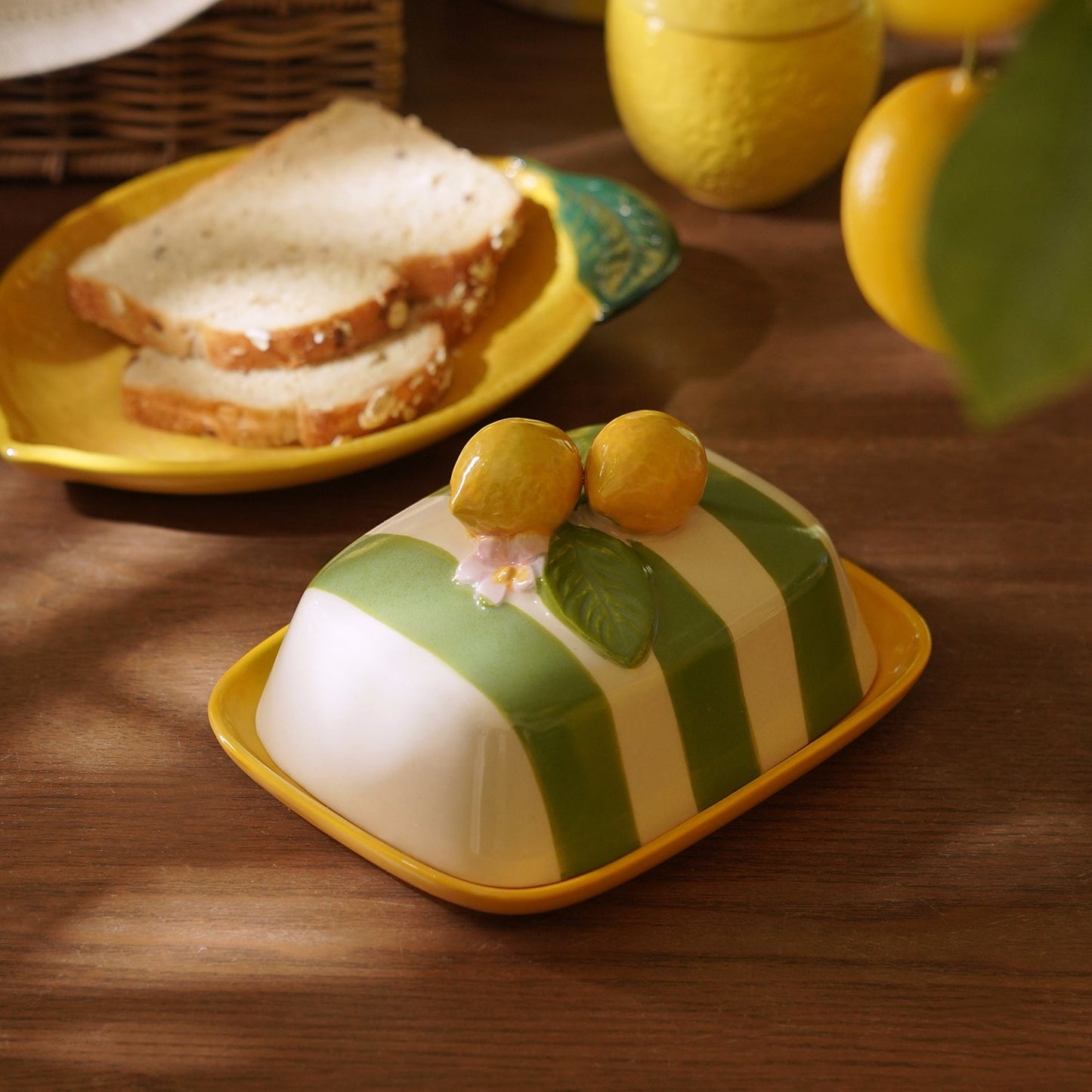 Yellow Striped Ceramic Butter Dish with Lemon Lid