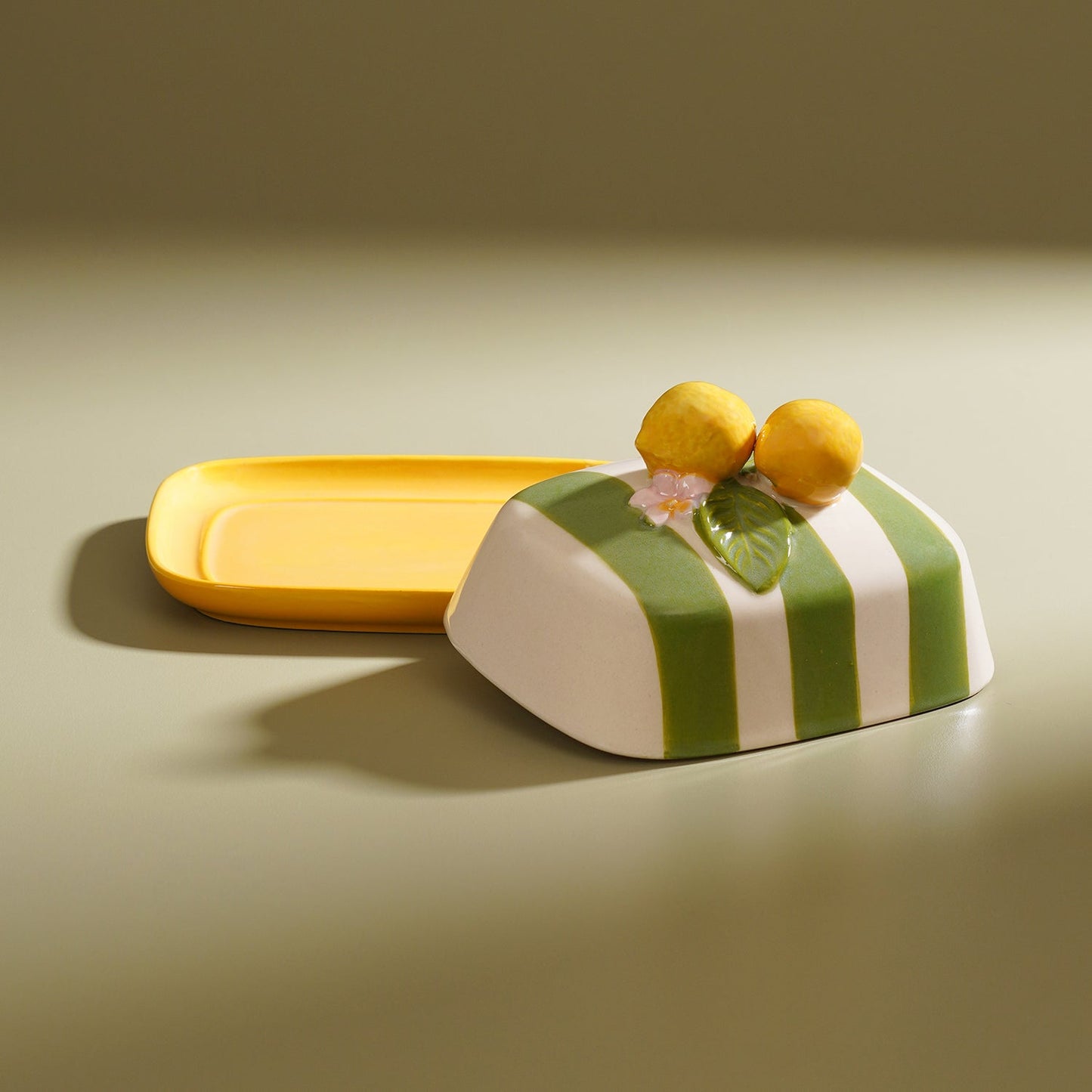 Yellow Striped Ceramic Butter Dish with Lemon Lid