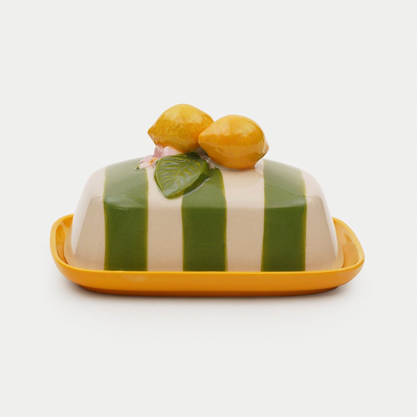 Yellow Striped Ceramic Butter Dish with Lemon Lid