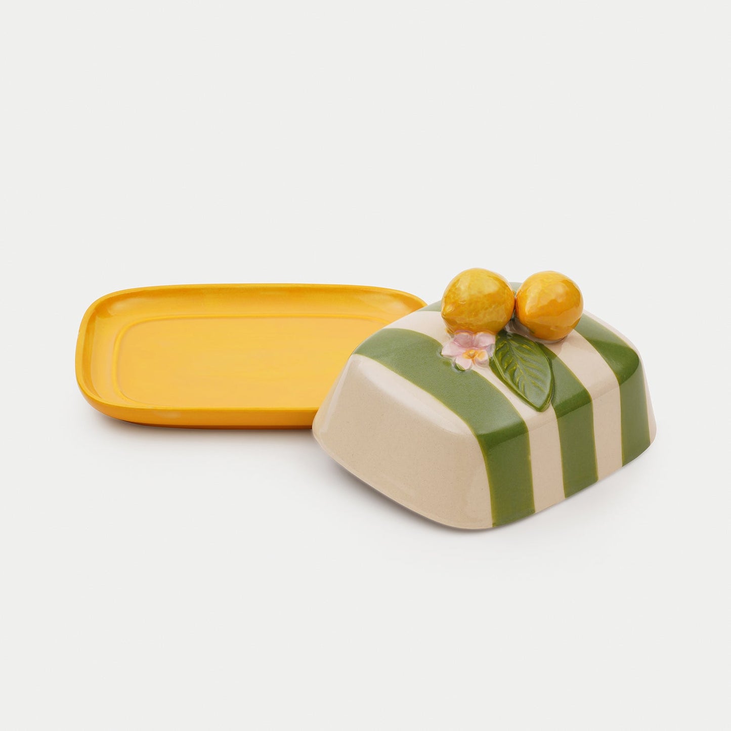 Yellow Striped Ceramic Butter Dish with Lemon Lid