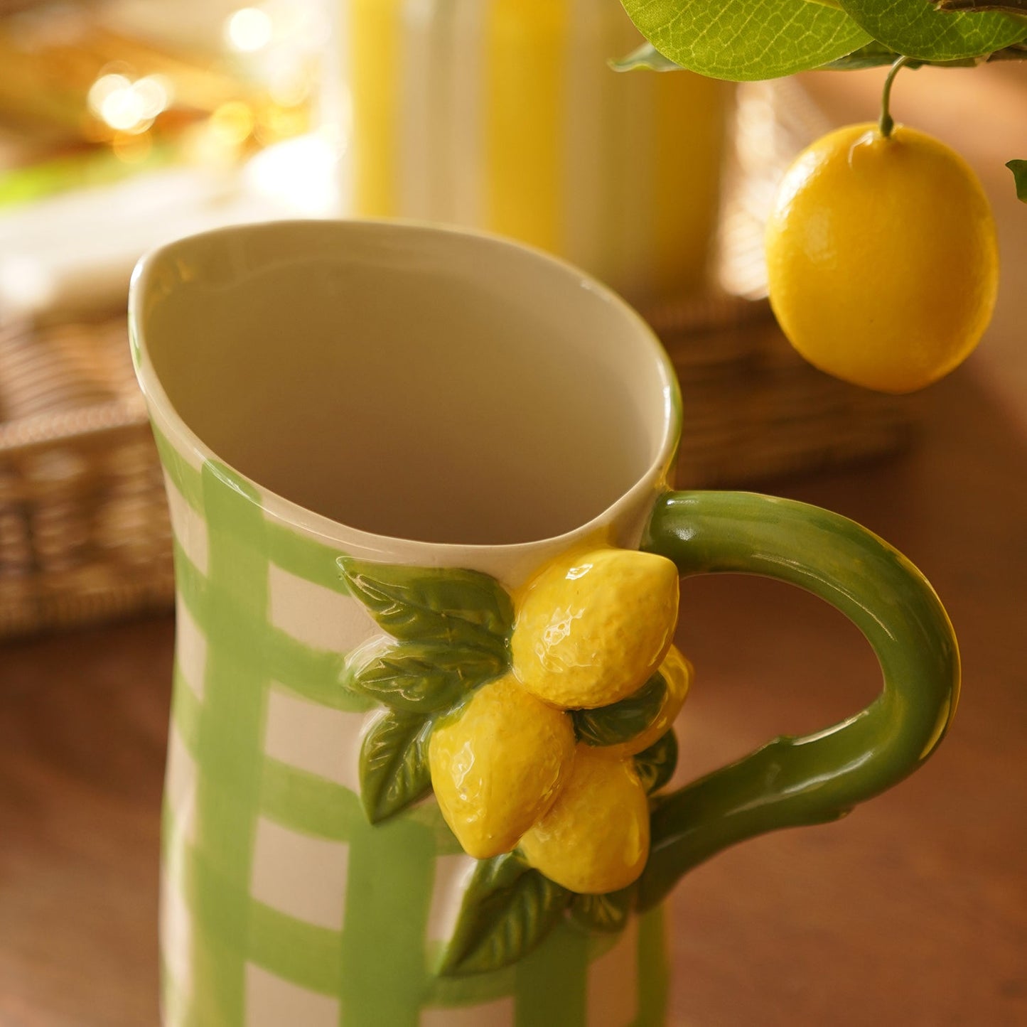 Yellow Green Check Ceramic Lemon Water Jug