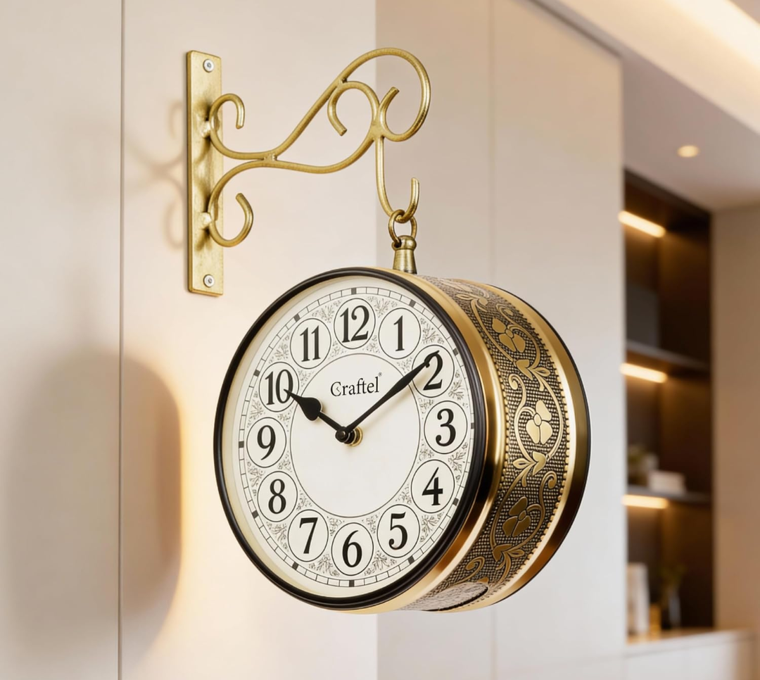 Metal Analog Double Sided Vintage English Roman Station Wall Clock with Brass in dial (Shiny Gold_8 Inches)